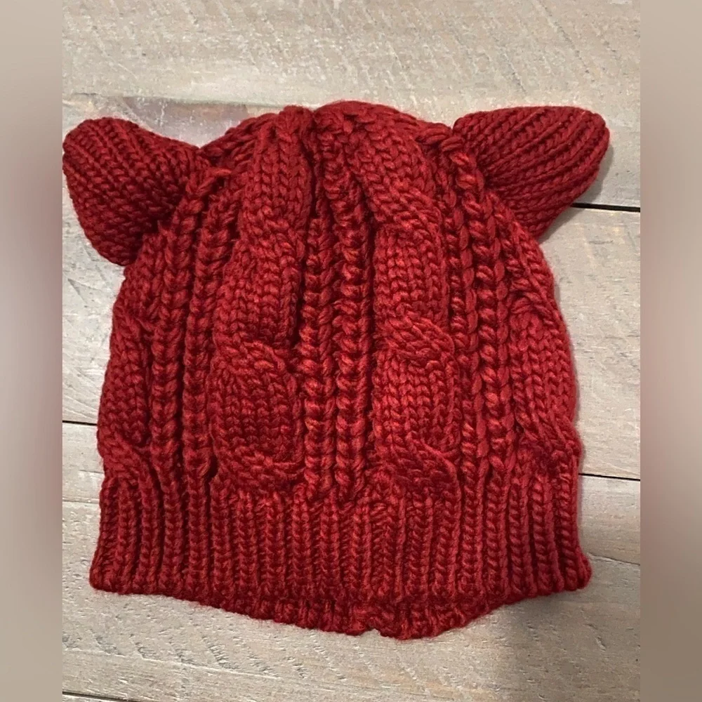 Cat Ears Hand Knit Cable Wool Beanie Hats l Kitty Ear women’s Red Hat